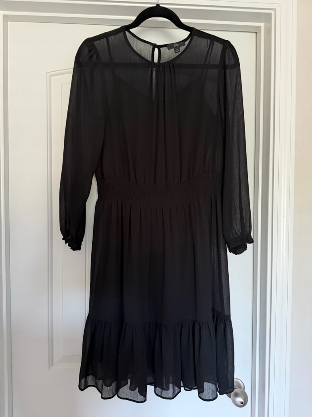 J. Crew Black Long-Sleeve Smocked-Waist Midi Dress